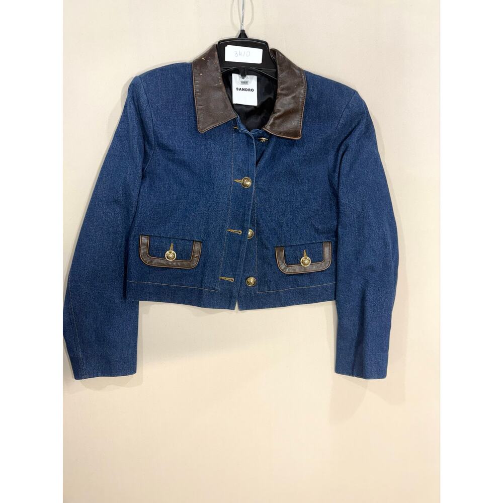 Sandro Denim Jacket With Leather Collar Size 38 (US 4-6 ) - Picture 5 of 8